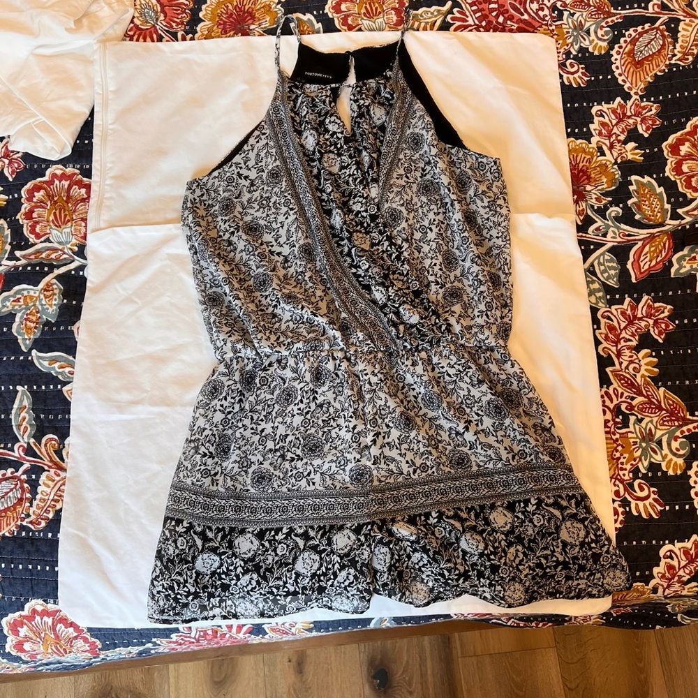 Fortune + Ivy Black and White Floral Halter Romper